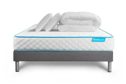 Pack lit complet 160x200 cm - Matelas + Sommier Gris + 2 oreillers + Couette - Bodyone
