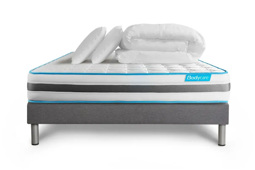 Pack lit complet 140x200 cm - Matelas + Sommier Gris + 2 oreillers + Couette - Bodyzone