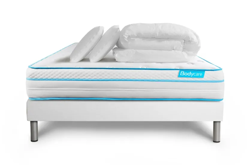 Pack lit complet 140x190 cm - Matelas + Sommier Blanc + 2 oreillers + Couette - Bodyzone+