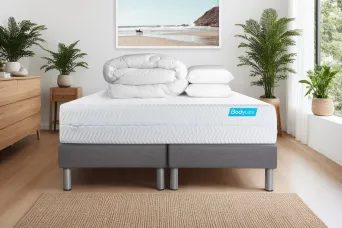 Pack lit complet 200x200 cm - Matelas + 2 Sommiers Gris + 2 oreillers + Couette - Biocare