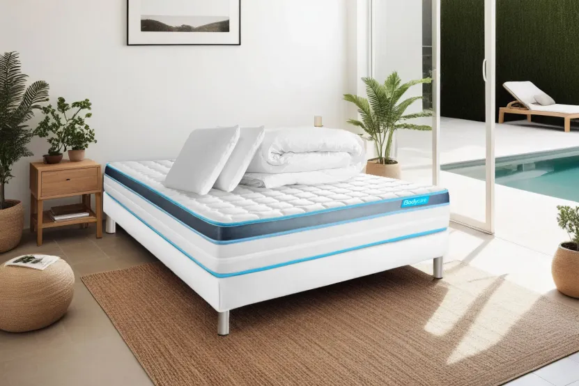 Pack lit complet 140x200 cm - Matelas + Sommier Blanc + 2 oreillers + Couette - Perform