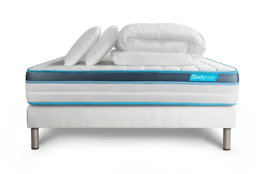 Pack lit complet 180x200 cm - Matelas + Sommier Blanc (en kit) + 2 oreillers + Couette - BodyFit