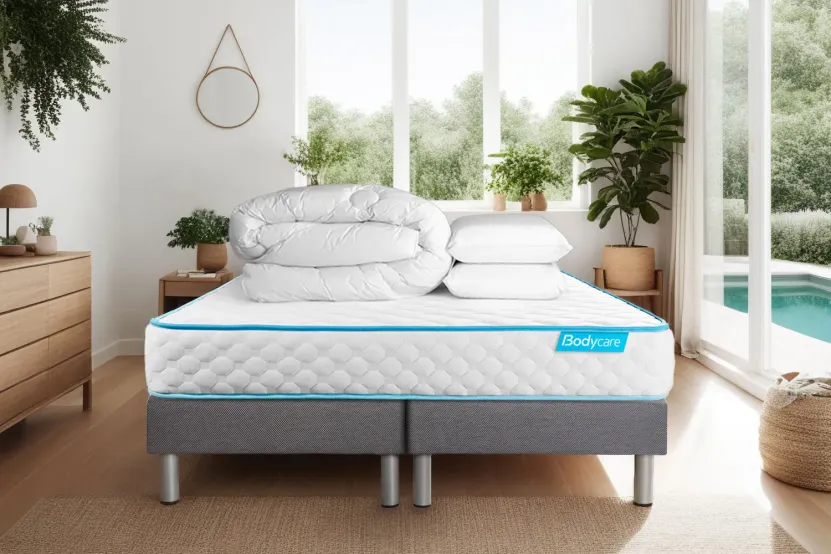 Pack lit complet 160x200 cm - Matelas + 2 Sommiers Gris + 2 oreillers + Couette - Bodyone