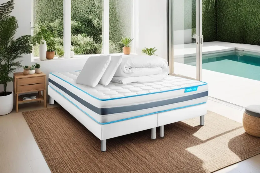 Pack lit complet 200x200 cm - Matelas + 2 Sommiers Blancs + 2 oreillers + Couette - Bodyzone