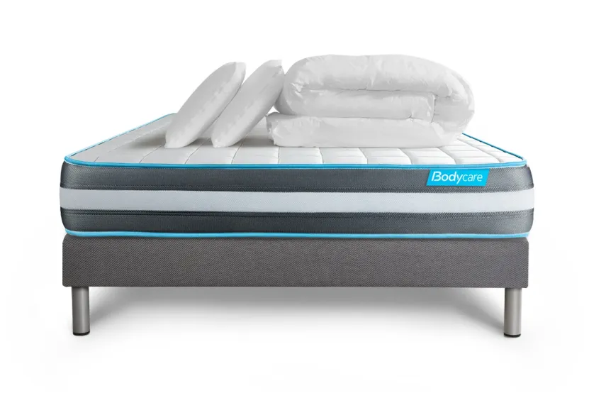 Pack lit complet 160x200 cm - Matelas + Sommier Gris (en kit) + 2 oreillers + Couette - Bodyform