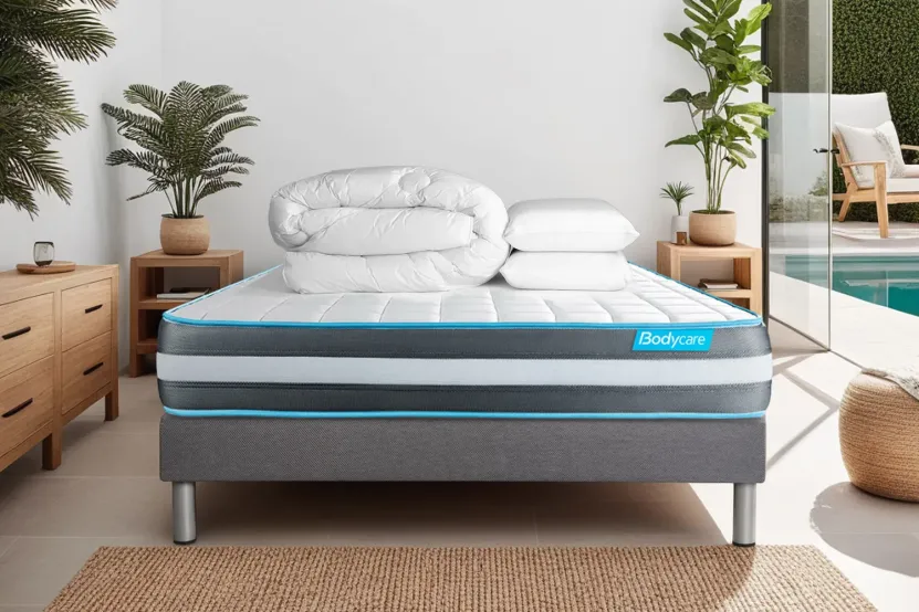 Pack lit complet 140x190 cm - Matelas + Sommier Gris (en kit) + 2 oreillers + Couette - Bodyform