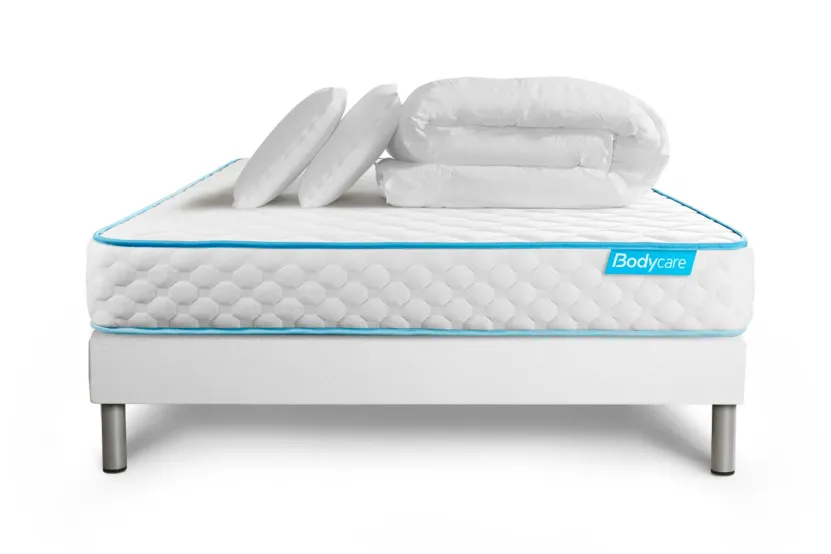 Pack lit complet 140x190 cm - Matelas + Sommier Blanc + 2 oreillers + Couette - Bodyone