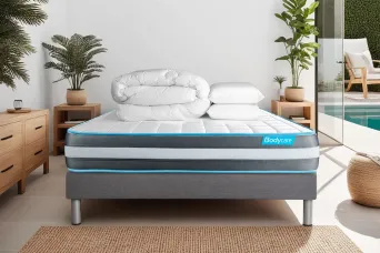 Pack lit complet 160x200 cm - Matelas + Sommier Gris (en kit) + 2 oreillers + Couette - Bodyform