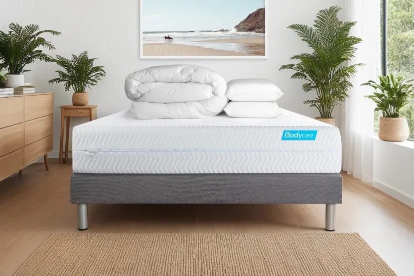 Pack lit complet 160x200 cm - Matelas + Sommier Gris (en kit) + 2 oreillers + Couette - Biocare