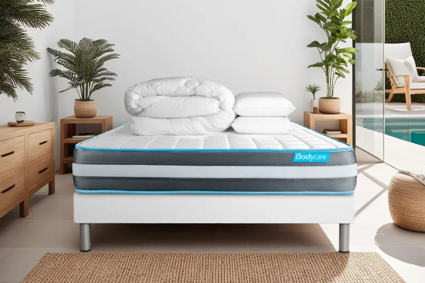 Pack lit complet 140x190 cm - Matelas + Sommier Blanc (en kit) + 2 oreillers + Couette - Bodyform