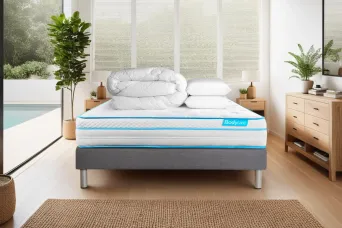 Pack lit complet 140x200 cm - Matelas + Sommier Gris (en kit) + 2 oreillers + Couette - BodyMax