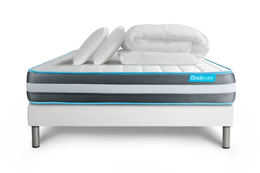 Pack lit complet 140x200 cm - Matelas + Sommier Blanc (en kit) + 2 oreillers + Couette - Bodyform