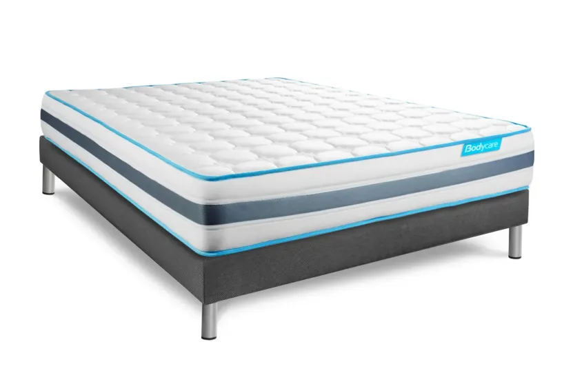 Pack lit complet 200x200 cm - Matelas + Sommier Gris (en kit) + 2 oreillers + Couette - BodyFlex