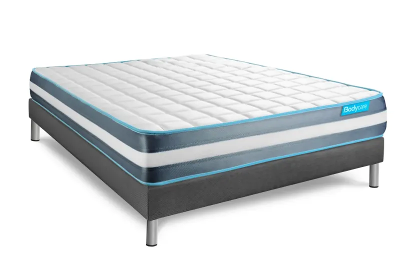 Pack lit complet 200x200 cm - Matelas + Sommier Gris (en kit) + 2 oreillers + Couette - Bodyform