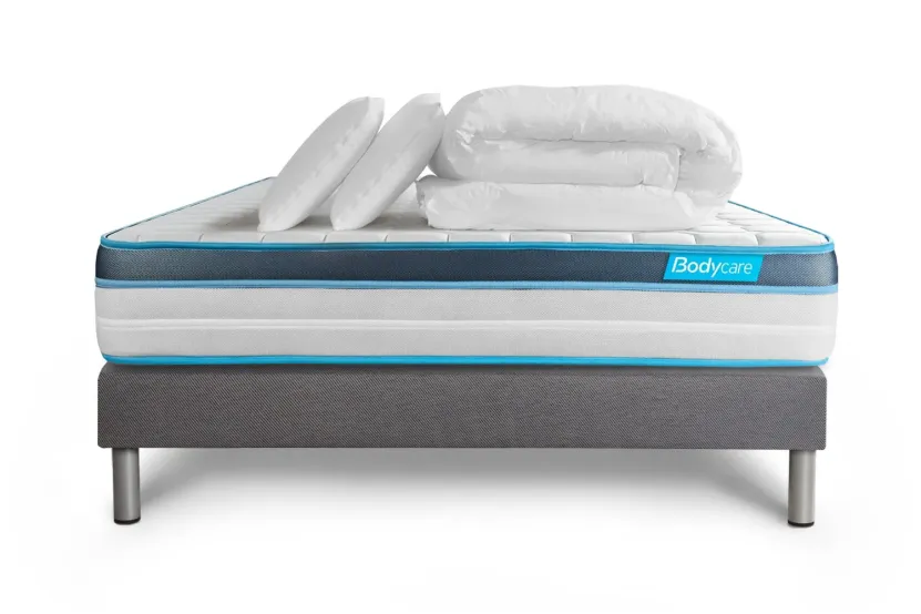 Pack lit complet 180x200 cm - Matelas + Sommier Gris (en kit) + 2 oreillers + Couette - BodyFit