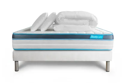 Pack lit complet 200x200 cm - Matelas + Sommier Blanc (en kit) + 2 oreillers + Couette - BodyFit