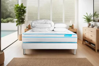 Pack lit complet 140x190 cm - Matelas + Sommier Blanc (en kit) + 2 oreillers + Couette - BodyMax