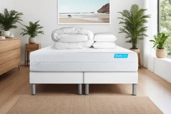 Pack lit complet 200x200 cm - Matelas + 2 Sommiers Blancs + 2 oreillers + Couette - Biocare