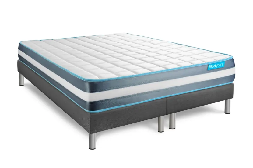 Pack lit complet 200x200 cm - Matelas + 2 Sommiers Gris + 2 oreillers + Couette - Bodyform