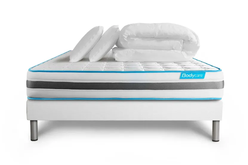 Pack lit complet 140x200 cm - Matelas + Sommier Blanc + 2 oreillers + Couette - Bodyzone