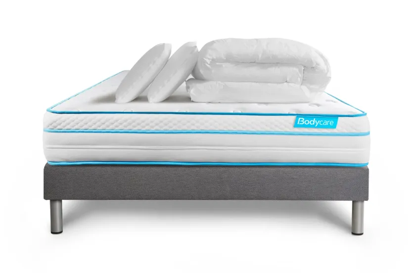 Pack lit complet 140x190 cm - Matelas + Sommier Gris (en kit) + 2 oreillers + Couette - BodyMax