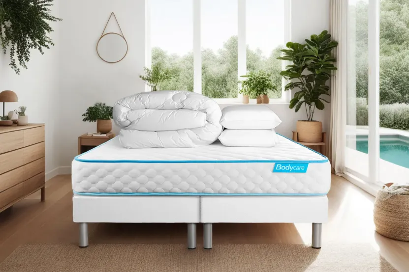 Pack lit complet 180x200 cm - Matelas + 2 Sommiers Blancs + 2 oreillers + Couette - Bodyone