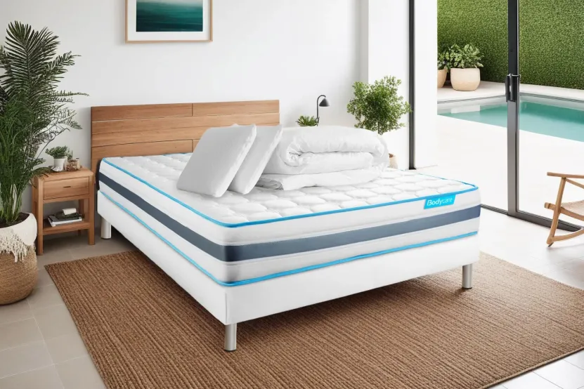 Pack lit complet 160x200 cm - Matelas + Sommier Blanc (en kit) + 2 oreillers + Couette - BodyFlex