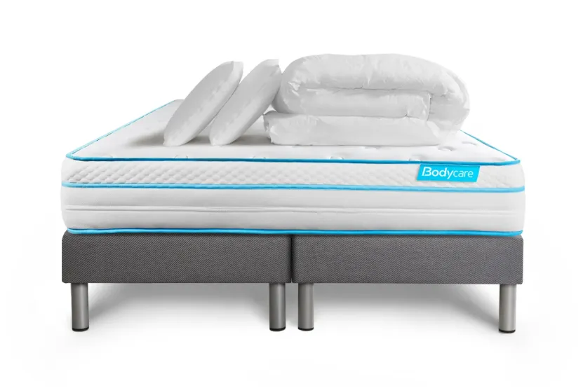 Pack lit complet 180x200 cm - Matelas + 2 Sommiers Gris + 2 oreillers + Couette - Bodyzone+