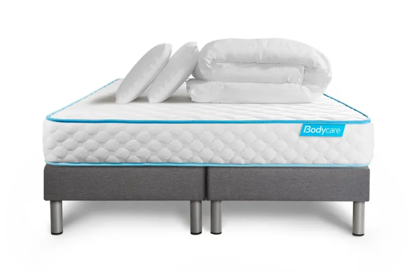 Pack lit complet 200x200 cm - Matelas + 2 Sommiers Gris + 2 oreillers + Couette - Bodyone