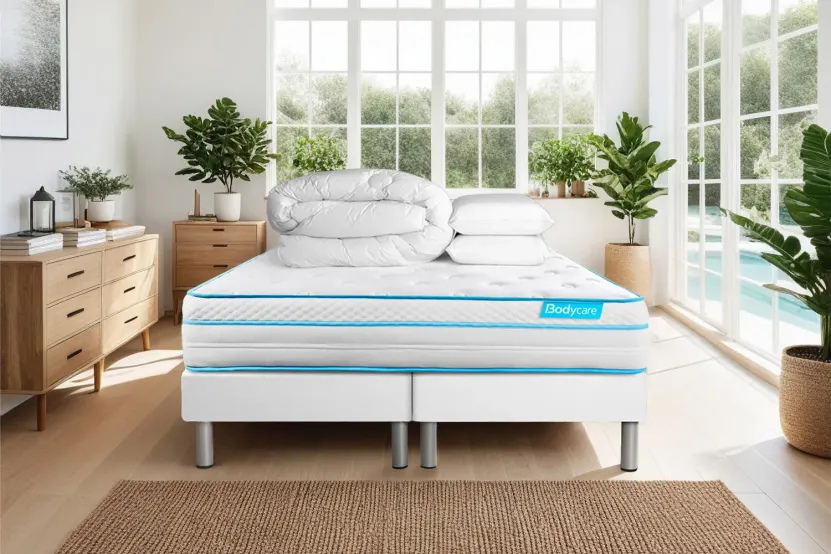 Pack lit complet 160x200 cm - Matelas + 2 Sommiers Blancs + 2 oreillers + Couette - Bodyzone+