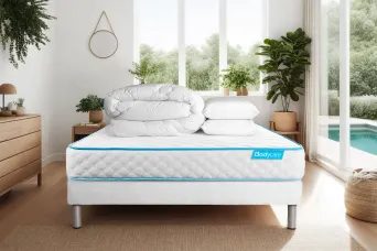 Pack lit complet 160x200 cm - Matelas + Sommier Blanc + 2 oreillers + Couette - Bodyone