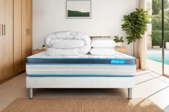 Pack lit complet 180x200 cm - Matelas + Sommier Blanc (en kit) + 2 oreillers + Couette - BodyFit